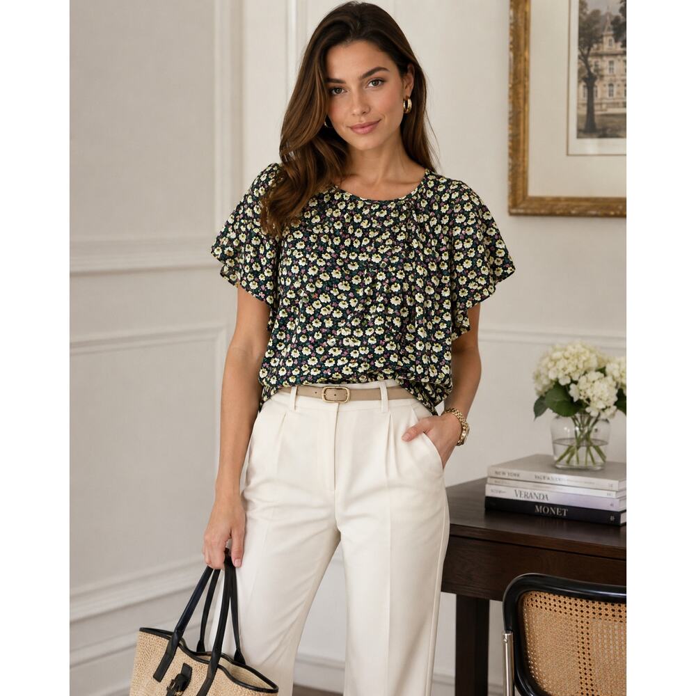 J. CREW COLLECTION Ratti Midnight Floral Silk Ruffle Top Size 2 Career